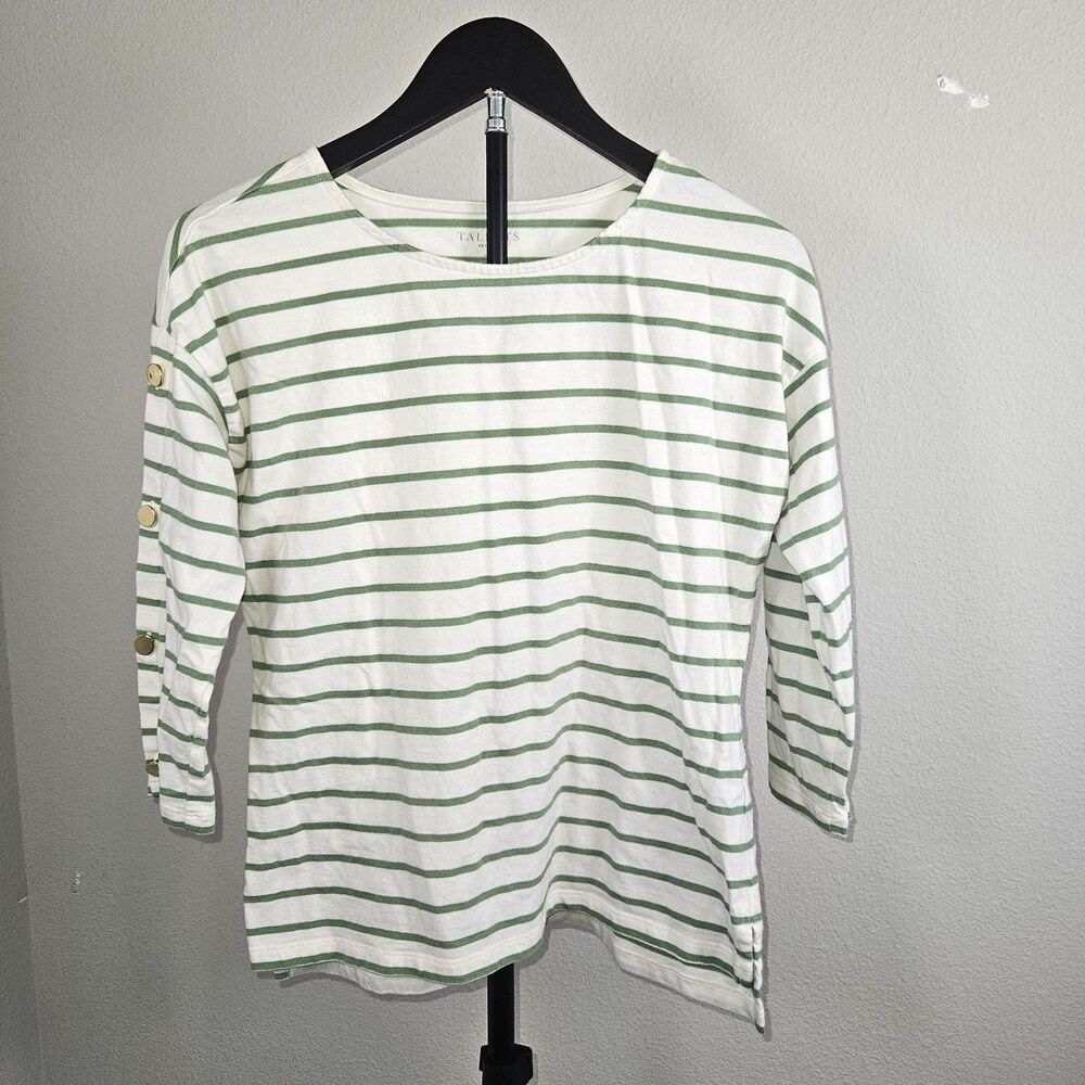 Talbots Petite SP Green White Stripe Top Gold Button Sleeve 100% Cotton Shirt